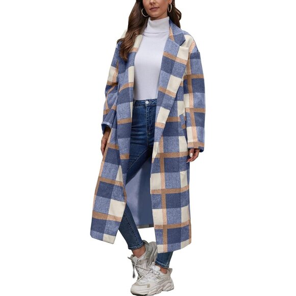 Women's Blue  Plaid Wool Coat Shacket Jacket Laple Button Down Trench Coats - Picture 1 of 6